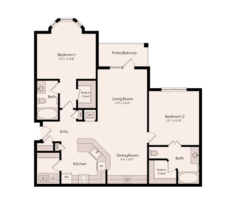 Floor plan for 2 beds, 2 baths, 1146 sqft